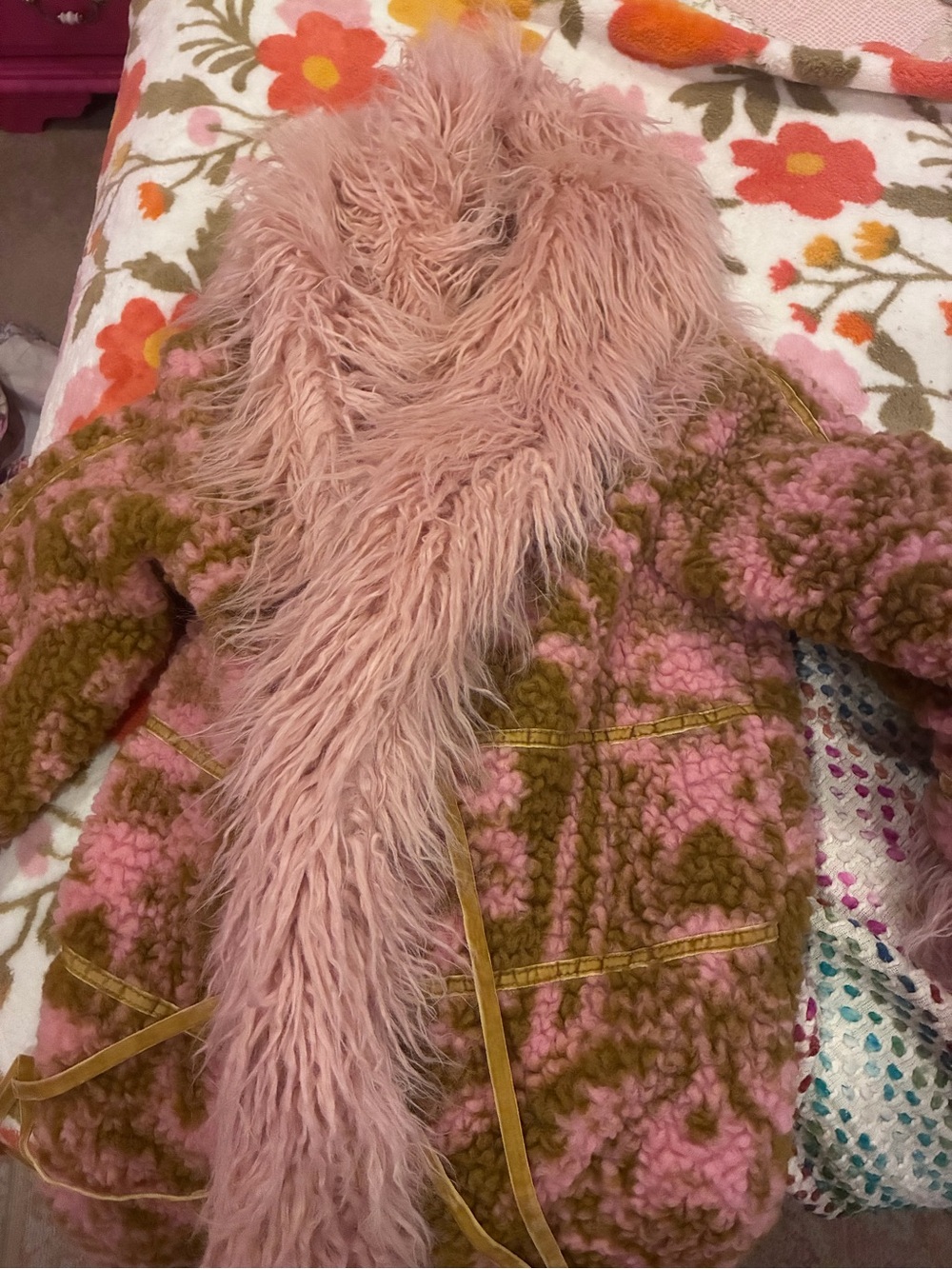 Free People Pink & Olive Floral Faux Fur Coat - Picture 5 of 9